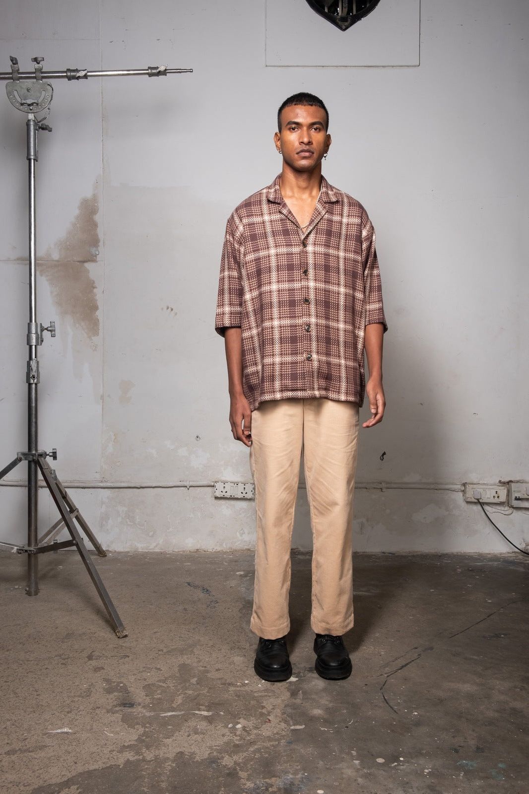Brown Checked Camp collar relaxed shirt