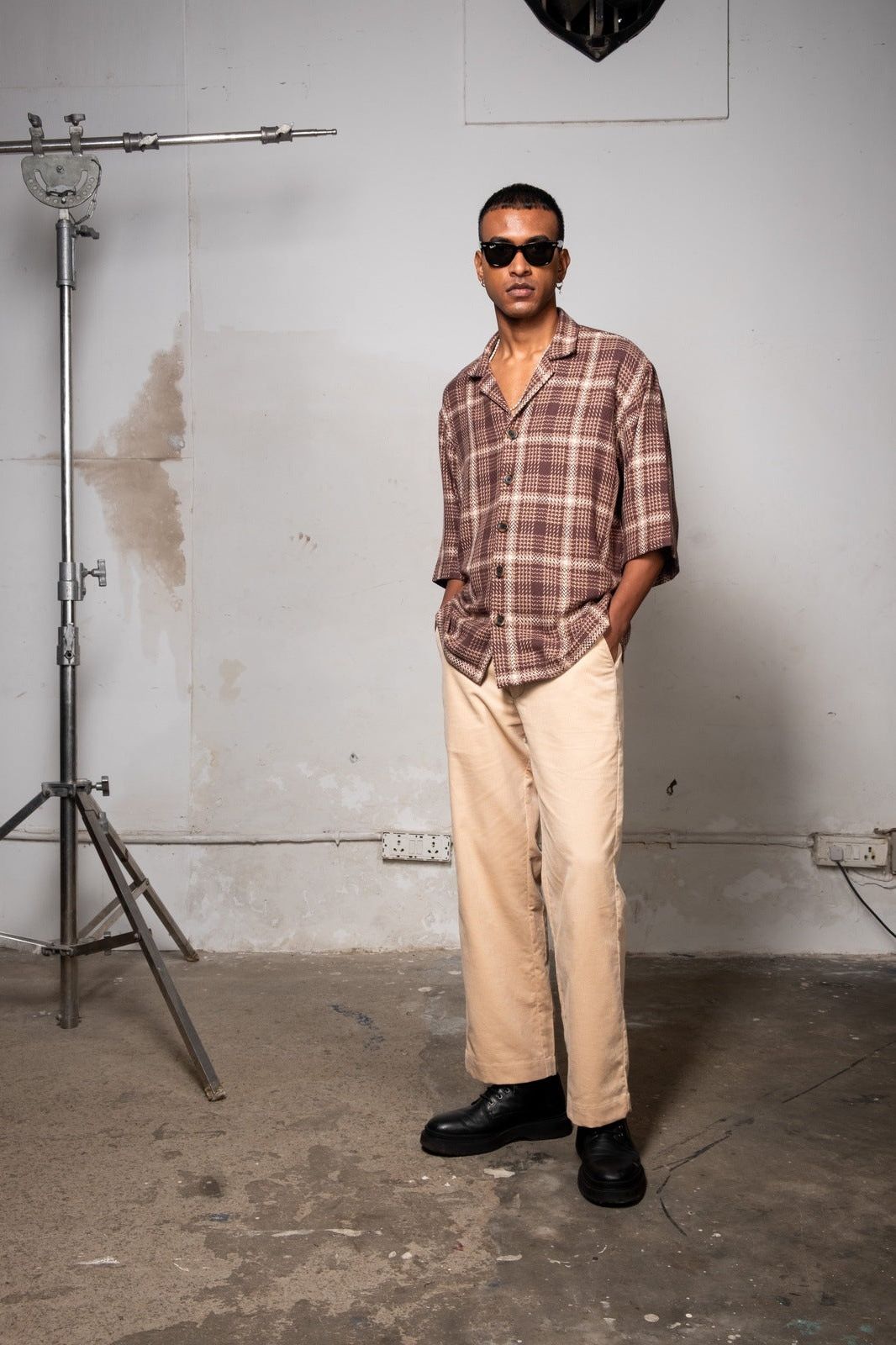 Brown Checked Camp collar relaxed shirt